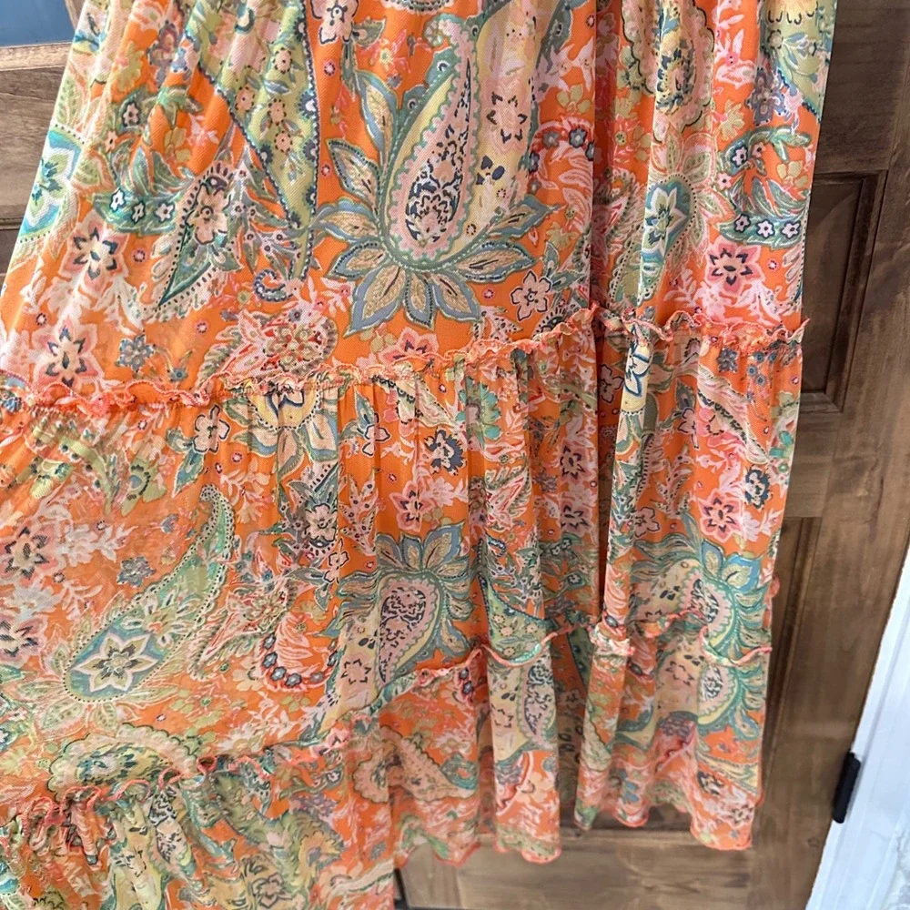 Joie de Vivre Tiered Mesh Midi Dress Women Size M Orange Paisley Smocked Waist - Picture 7 of 13